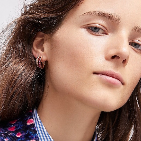 JCREW Small Pave’ Huggie Hoop Earrings NWT OS Pink - Picture 2 of 8